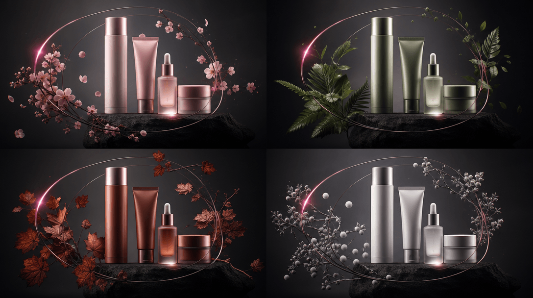 Four coordinated beauty products in different seasonal color treatments orbiting the same central composition, visualizi