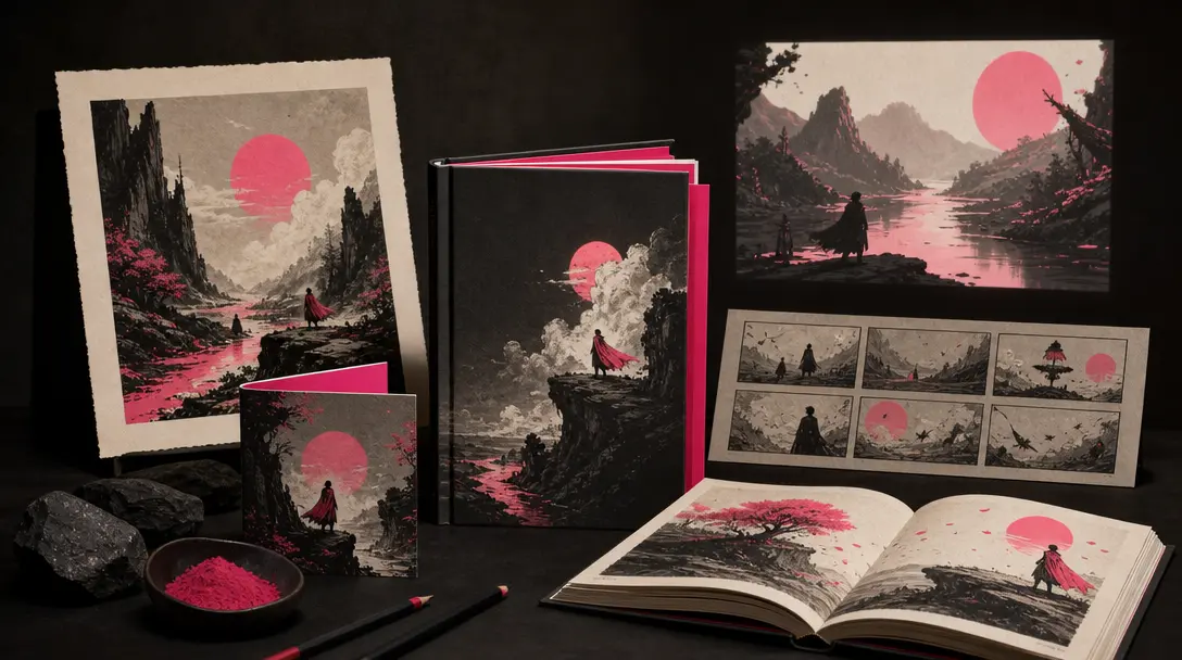 A finished illustrated book surrounded by connected creative outputs: art print, folded campaign card, storyboard frames
