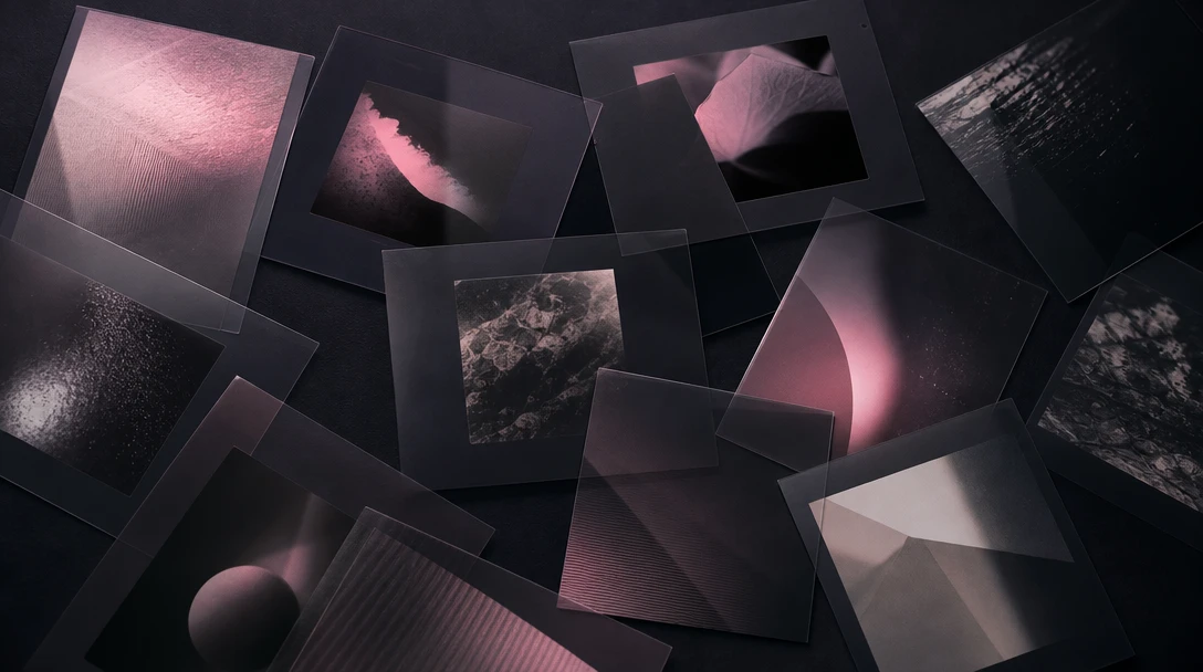 Abstract overhead flat-lay: multiple overlapping translucent dark film frames or matte cards arranged on a deep charcoal