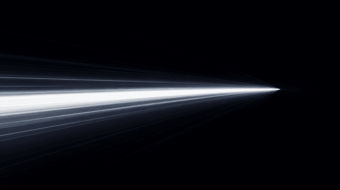 Abstract speed and workflow visual: a single focused beam of white light passes through a dark void and converges to a p
