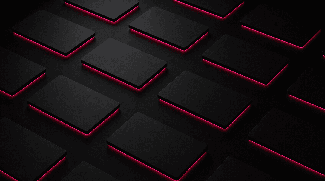 Dark editorial grid of glowing rectangular card shapes resting on a deep black surface, each card illuminated by a subtl