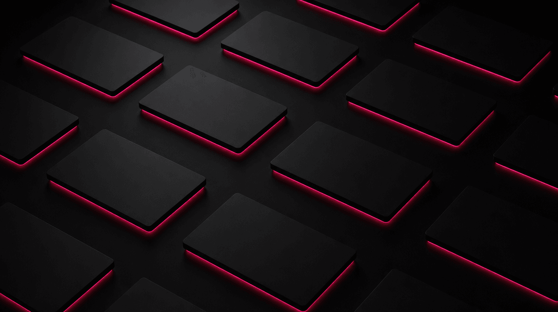 Dark editorial grid of glowing rectangular card shapes resting on a deep black surface, each card illuminated by a subtl