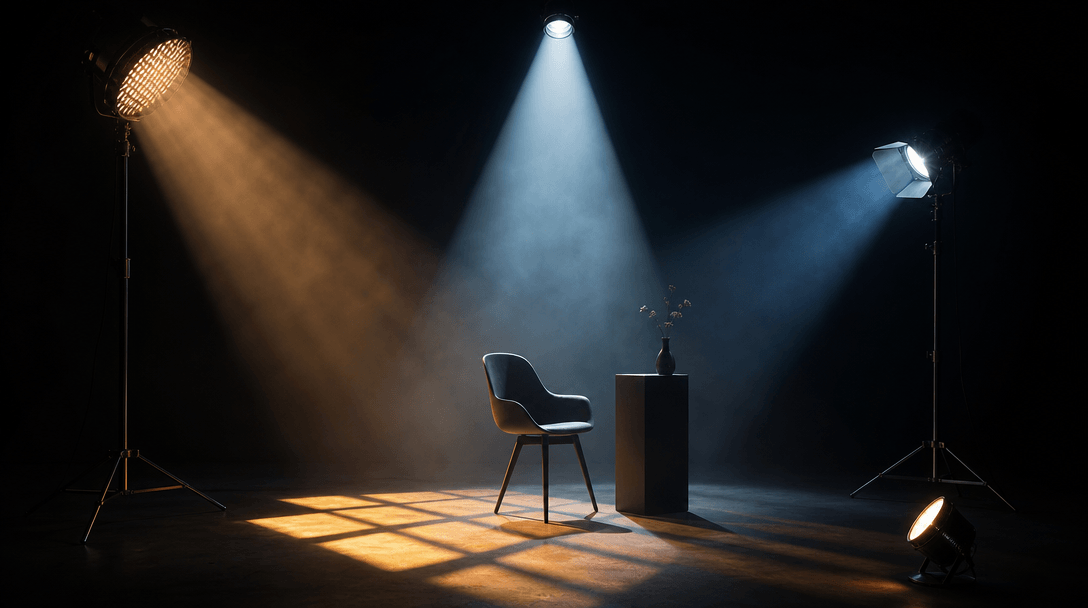 Studio lighting setup visualization over dark background, warm and cool light rays creating cinematic atmospheric mood.
