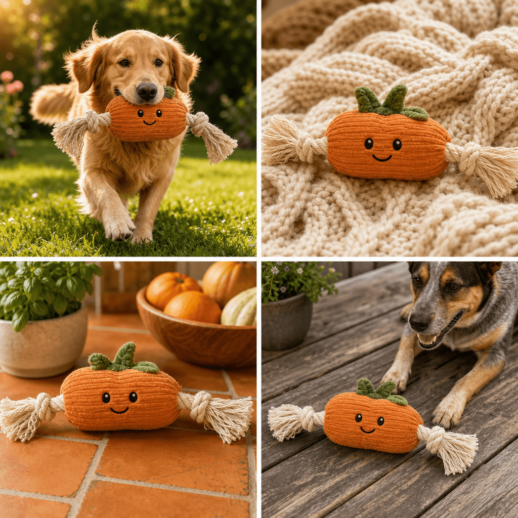 Square 2x2 product collage grid showing a pet toy displayed across four distinct lifestyle scenes — sun-lit outdoor gras