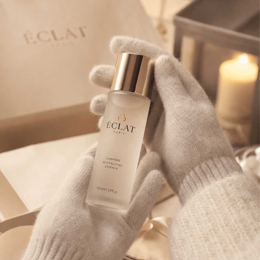 Luxury skincare product in hand with cashmere gloves, soft warm lighting, elegant presentation, beauty product styling,
