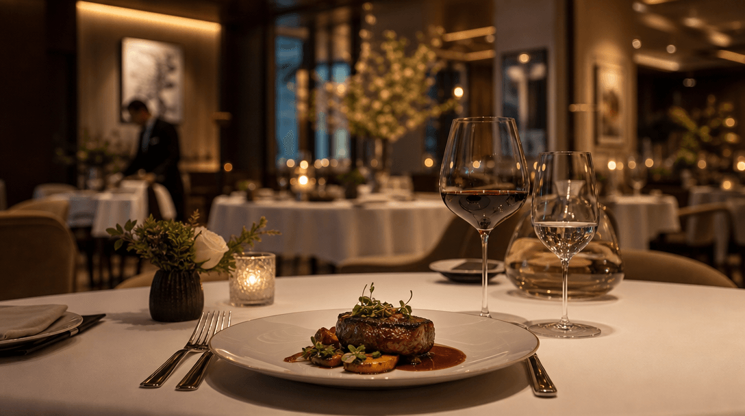 Fine dining restaurant ambiance with elegant table setting. Soft warm overhead and accent lighting. White linens, premiu