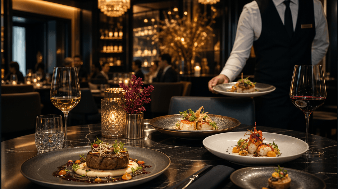 Luxury restaurant interior with dramatic mood lighting, elegant plated dishes displayed, professional service setting, u