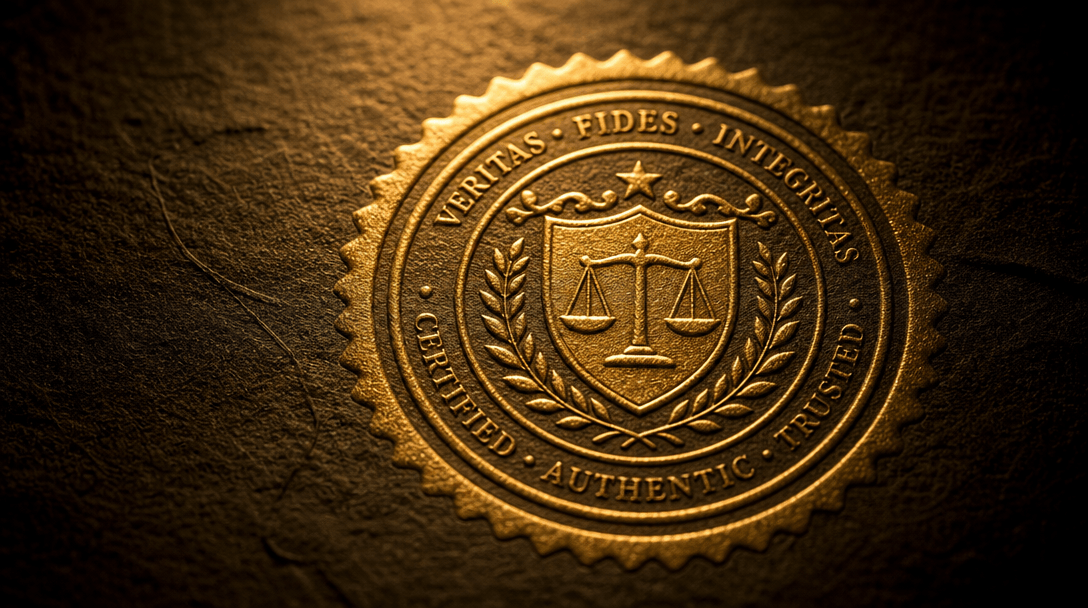 Macro close-up of an embossed golden seal on dark textured parchment paper, a single warm spotlight illuminating the rai