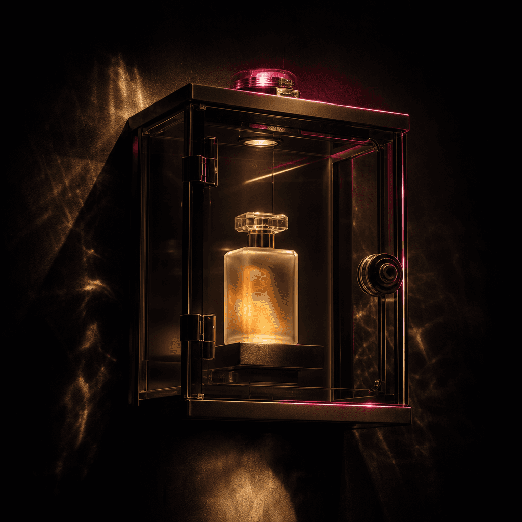A frosted perfume bottle enclosed in an emergency-style glass display box, midnight-black studio environment, fractured