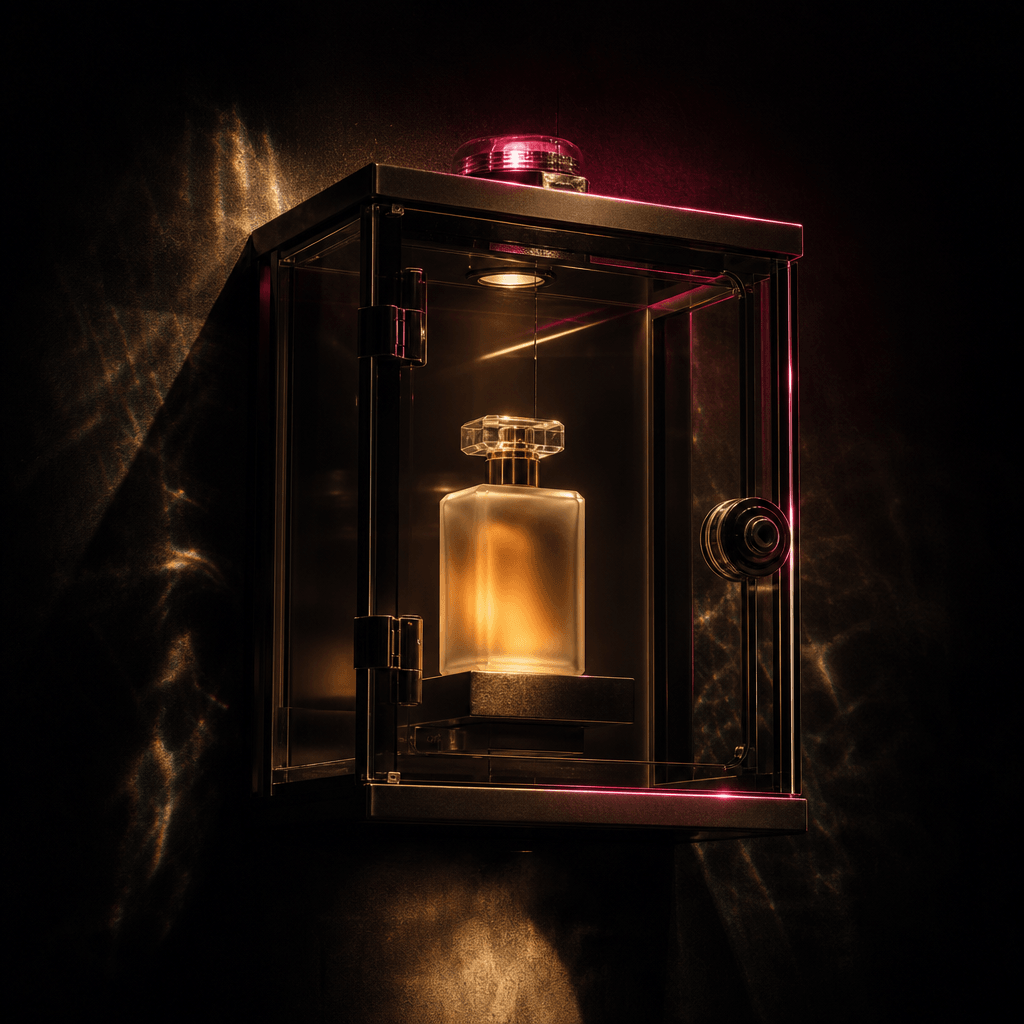A frosted perfume bottle enclosed in an emergency-style glass display box, midnight-black studio environment, fractured