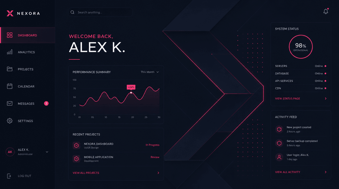 Digital modern interface concept. Abstract geometric patterns, hot pink accent lines on very dark background. Clean sans