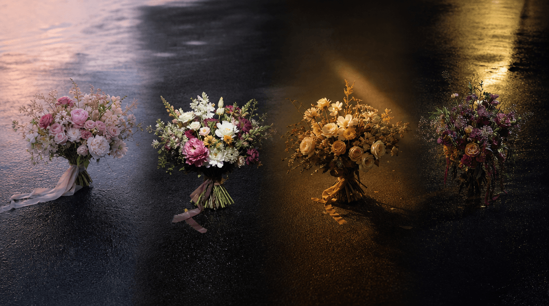 Four distinct bouquets arranged across one continuous dark asphalt environment, each caught by a different controlled li