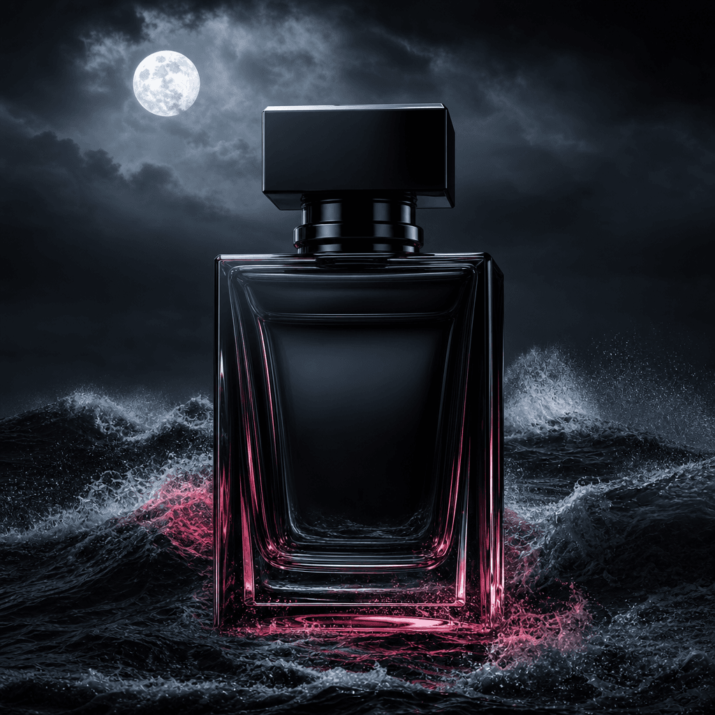 An oversized black perfume bottle standing in a turbulent midnight sea, waves curling around the glass base, sharp moonl
