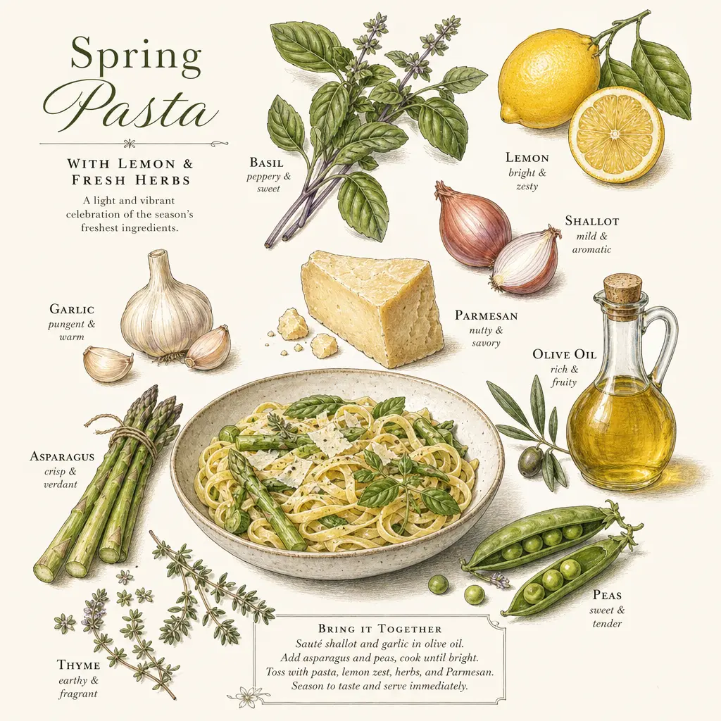 Farm-fresh ingredients artfully arranged, cookbook botanical illustration style, organic food styling, recipe components