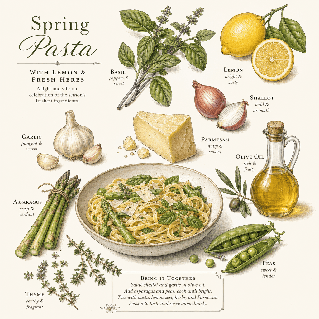 Farm-fresh ingredients artfully arranged, cookbook botanical illustration style, organic food styling, recipe components
