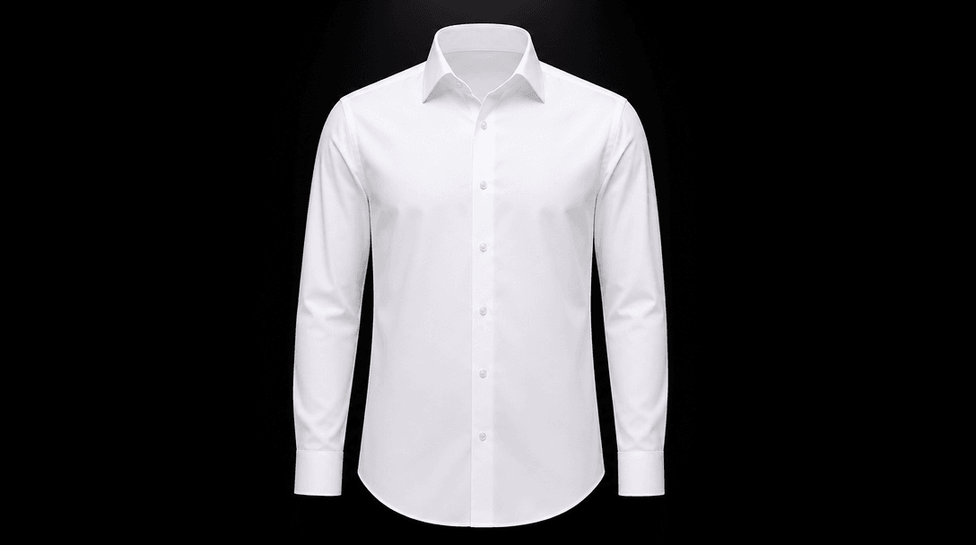 Single pristine white garment — a crisp structured dress shirt — perfectly centered against a deep studio background nea