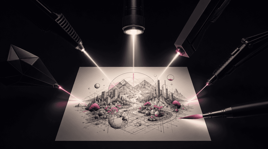 An abstract multi-model creative scene represented by several precise beams of light converging on one pristine sheet of