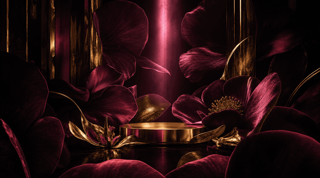 An abstract luxury floral environment made from oversized velvet petals, polished gold surfaces, and a narrow beam of ho