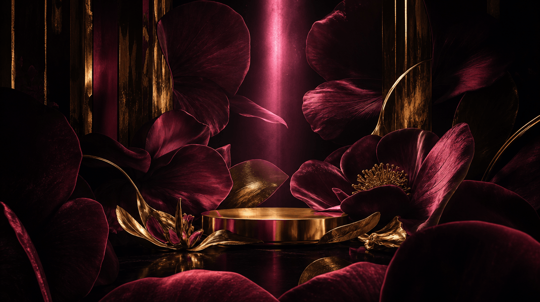 An abstract luxury floral environment made from oversized velvet petals, polished gold surfaces, and a narrow beam of ho