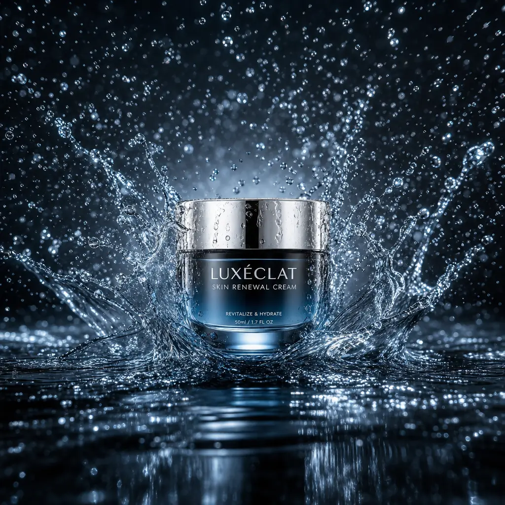 Multi-directional water splash with millions of suspended droplets around beauty product, center-focused composition, pr