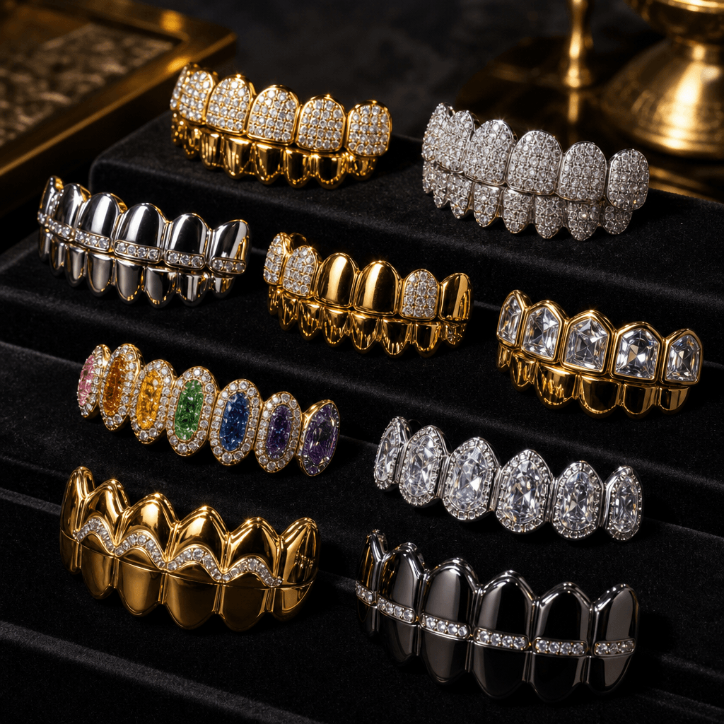 Multi-color grillz collection arranged artistically on luxury display surface. Gold, silver, and diamond variations show