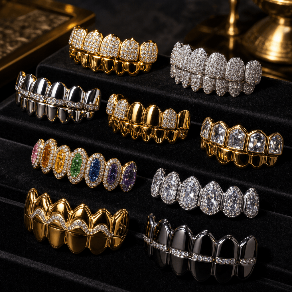 Multi-color grillz collection arranged artistically on luxury display surface. Gold, silver, and diamond variations show
