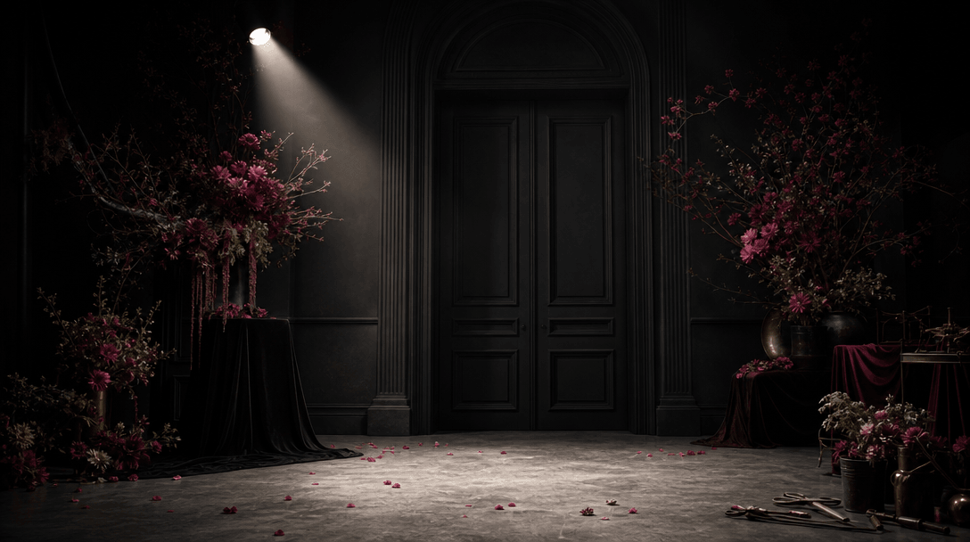 An empty cinematic floral set prepared for a luxury campaign: a monumental charcoal door, stone floor, a single spotligh