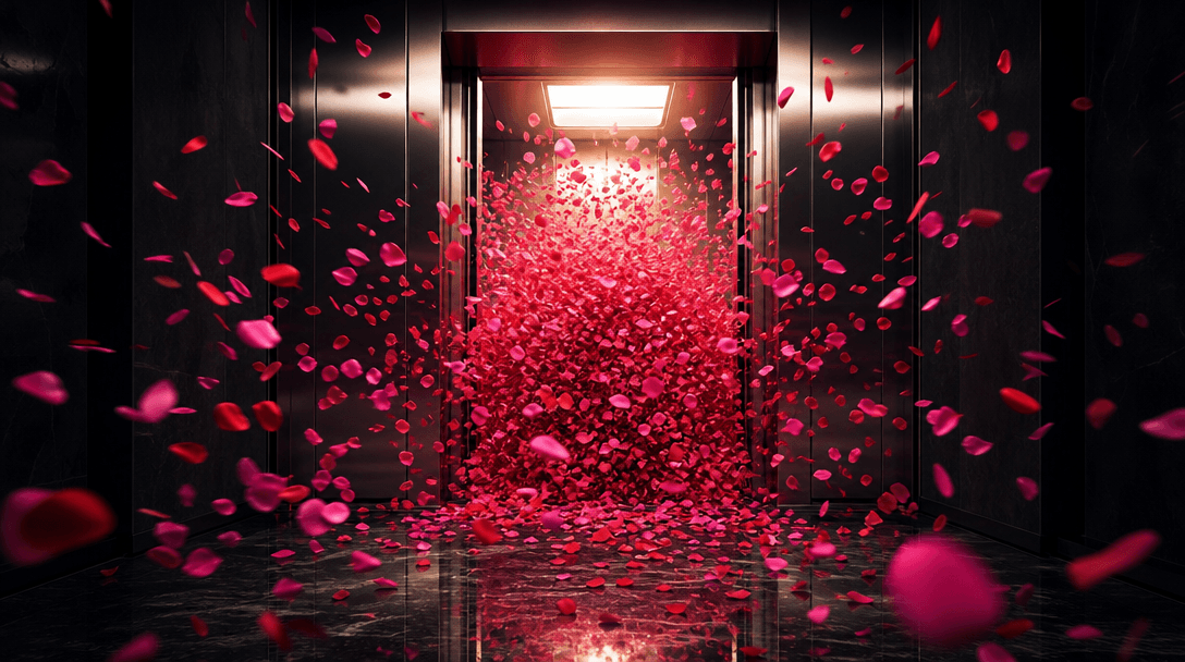 A dense wave of vivid petals exploding through opening elevator doors into a nearly black corridor, dramatic symmetrical