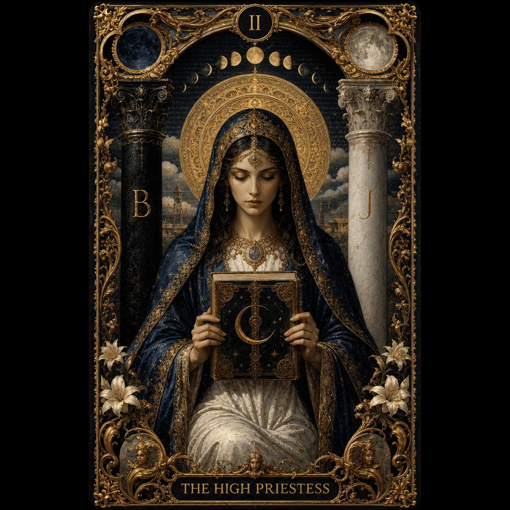 Baroque ornate tarot card, elaborate decorative border with intricate details, portrait with rich mystical background te