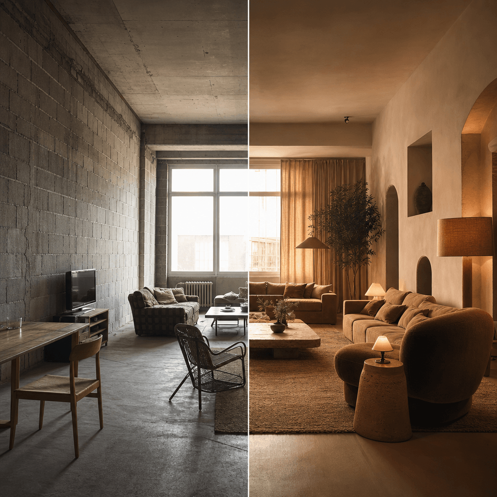 Open-plan living room transformation, square editorial image split vertically. Left: bare concrete block walls, sparse s