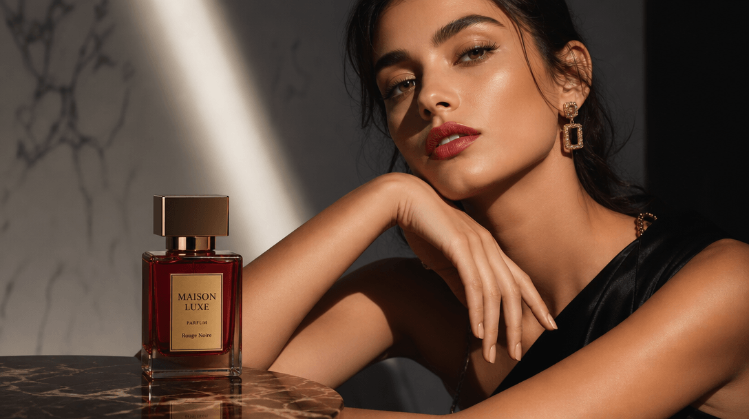 High-fashion product photography with model interaction. Dramatic professional lighting emphasizing both product and ele