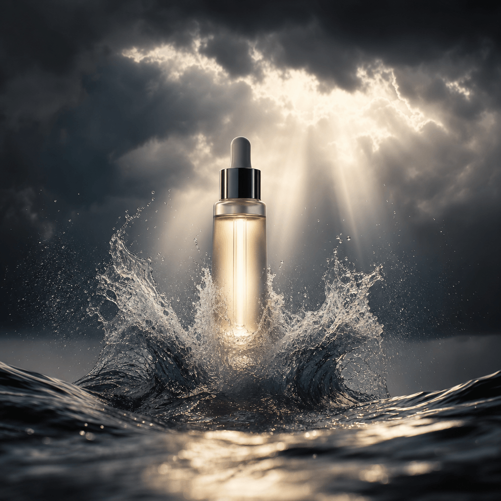 A luminous skincare serum bottle rising from a splitting ocean wave, dramatic freeze-frame moment, dark storm sky with g