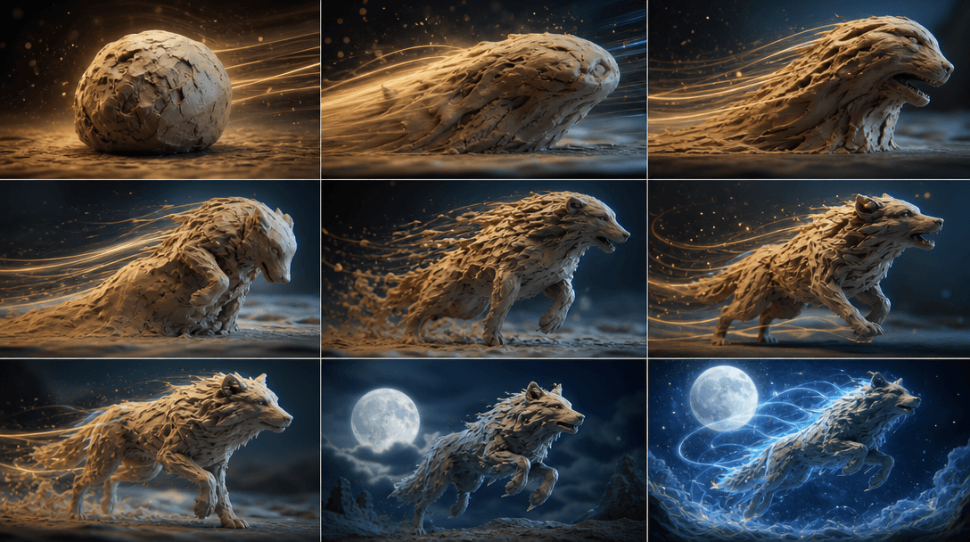 Transformation sequence showing clay morphing between shapes, light streaks indicating motion, cinematic depth, surreal