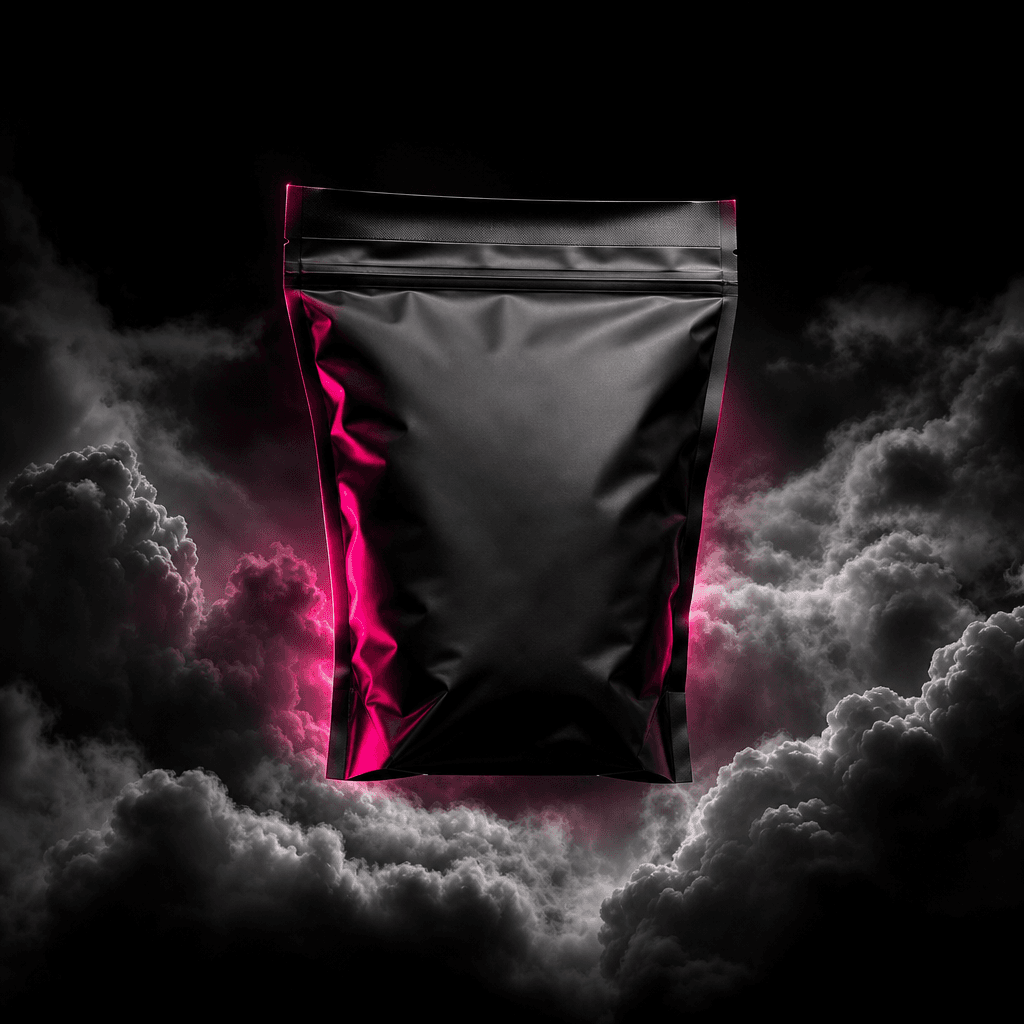 A black supplement pouch floating over stormlike silver clouds, sharp hot pink edge lighting, deep near-black background