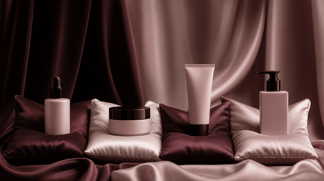 Four coordinated beauty products arranged across matching silk pillows in a continuous studio set, consistent blush, bur