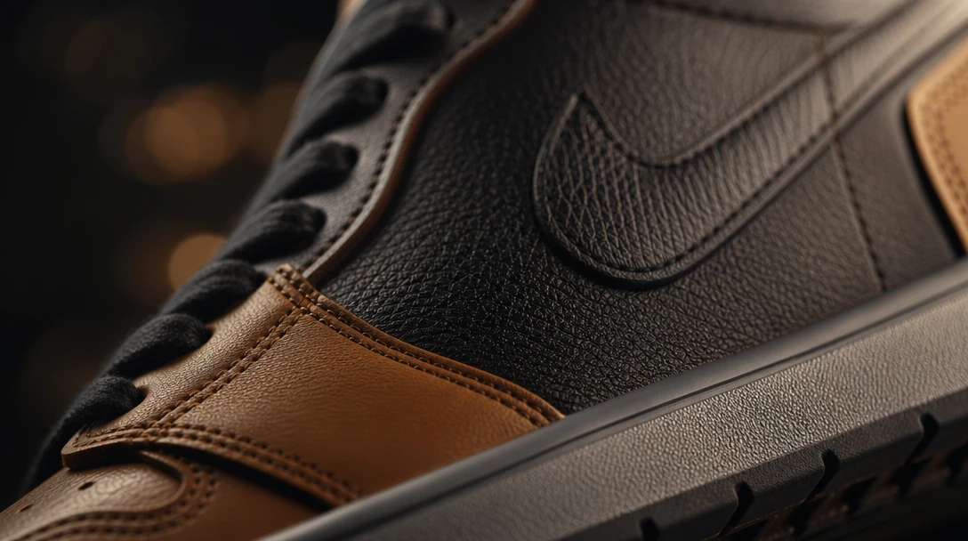 Abstract luxury sneaker material close-up: premium leather texture with soft studio spotlight. Dark atmospheric backgrou