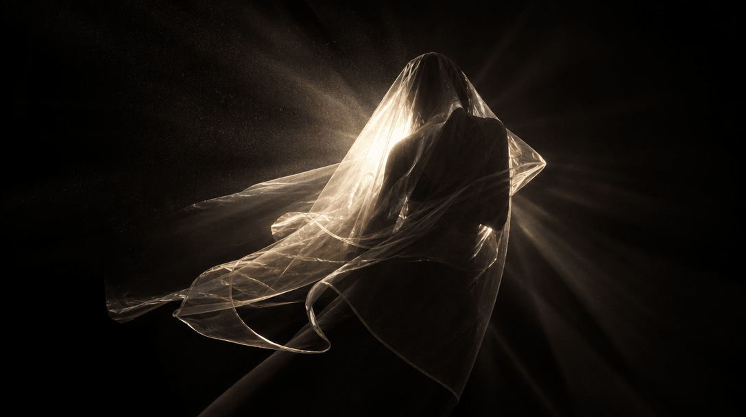 Abstract visualization: translucent sheer organza fabric suspended in space, studio light fragmenting through the materi