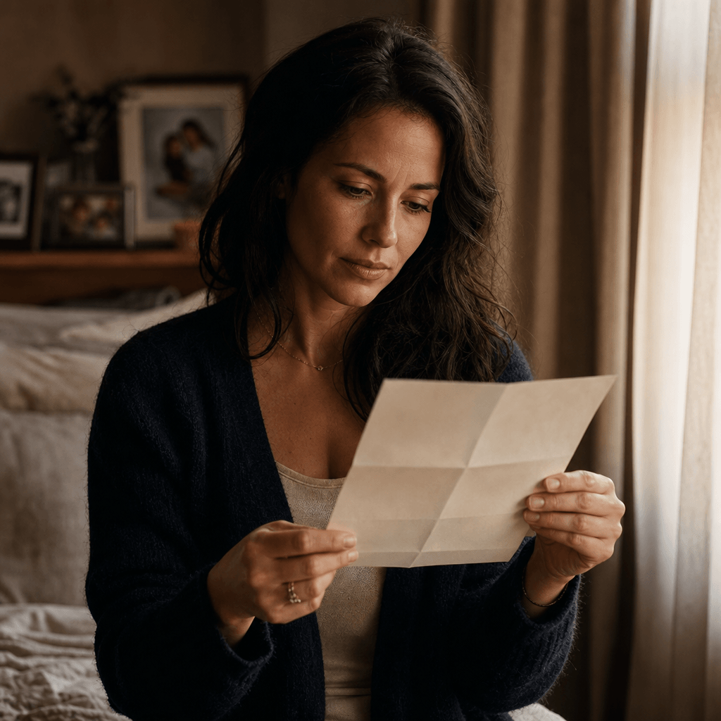 A thoughtful adult woman reading a folded letter beside a softly lit bedroom window, subtle emotion in her expression, w