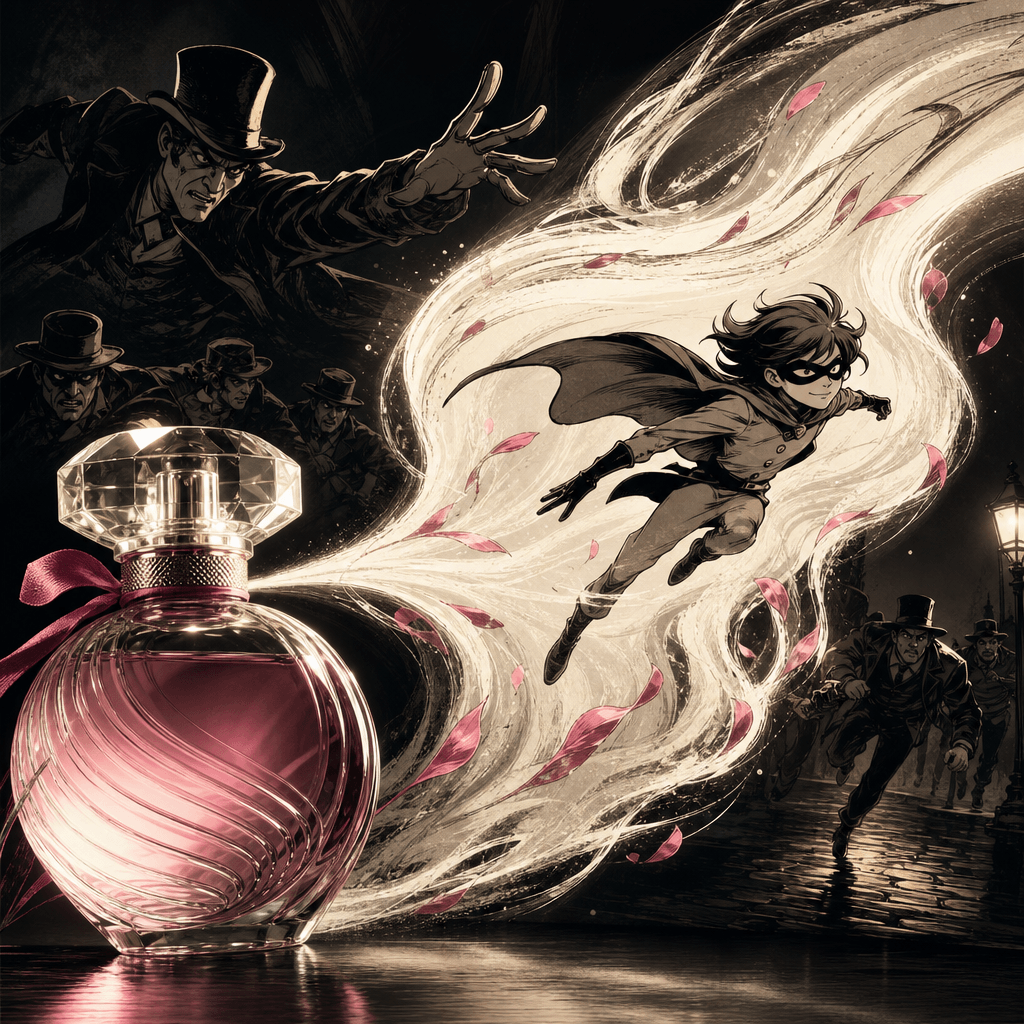 A perfume bottle releases a sweeping ribbon of luminous mist that shields a stylized cartoon hero from capture during a