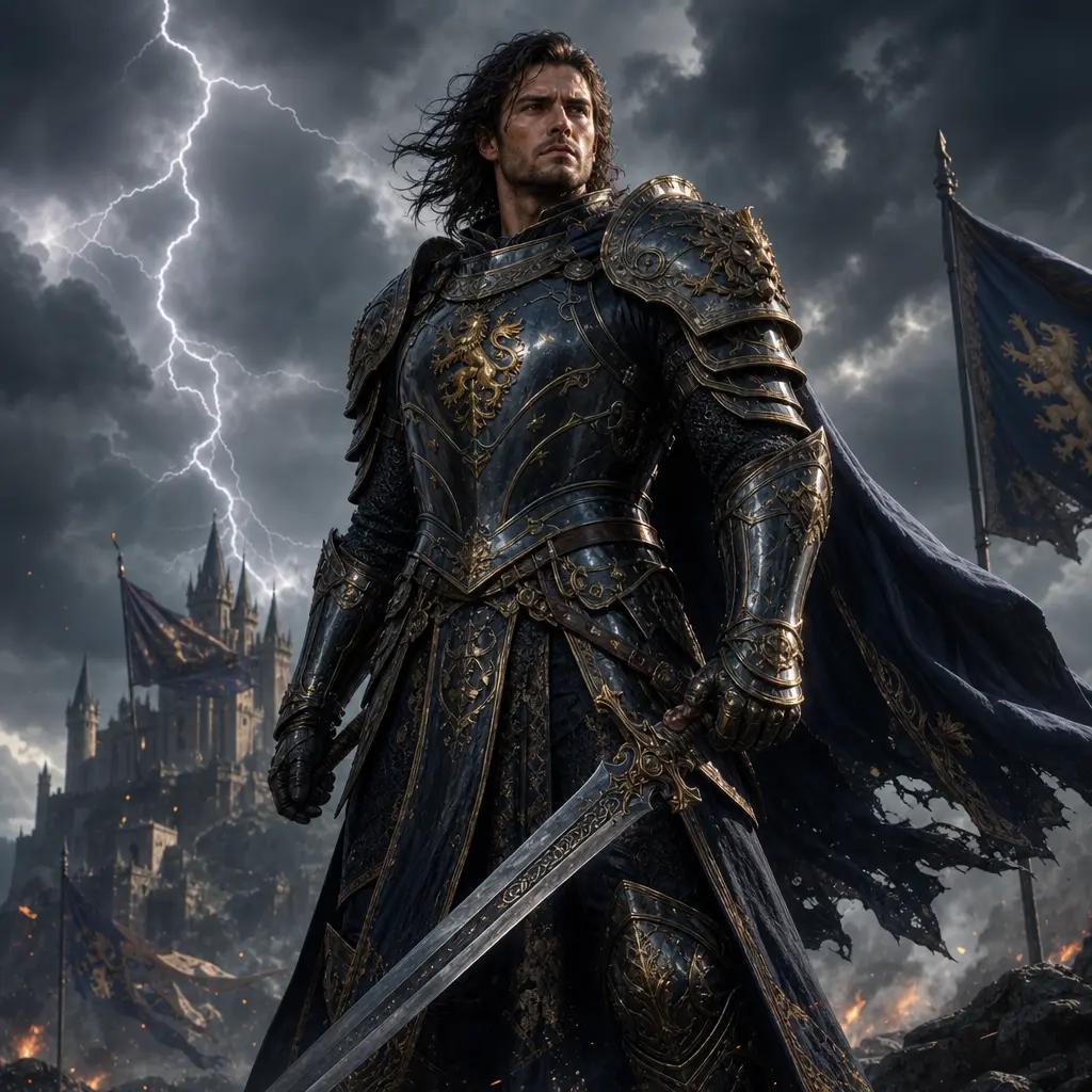 A fantasy warrior portrait depicting a character in ornate armor, standing in a battle-ready pose with a stormy sky behi