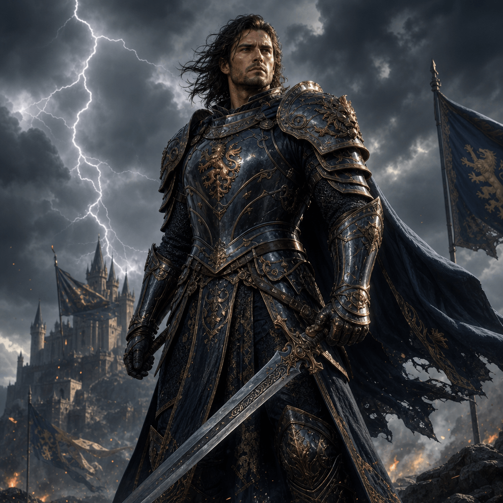 A fantasy warrior portrait depicting a character in ornate armor, standing in a battle-ready pose with a stormy sky behi