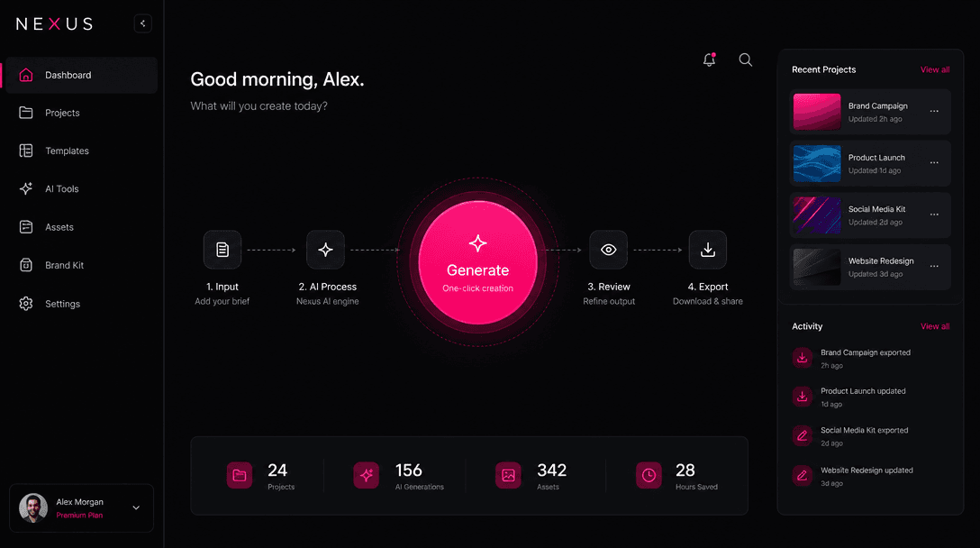 Minimalist streamlined interface with hot pink accent button on deep dark background, clean sans-serif typography, one-c