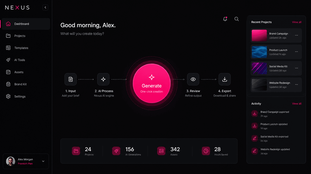 Minimalist streamlined interface with hot pink accent button on deep dark background, clean sans-serif typography, one-c