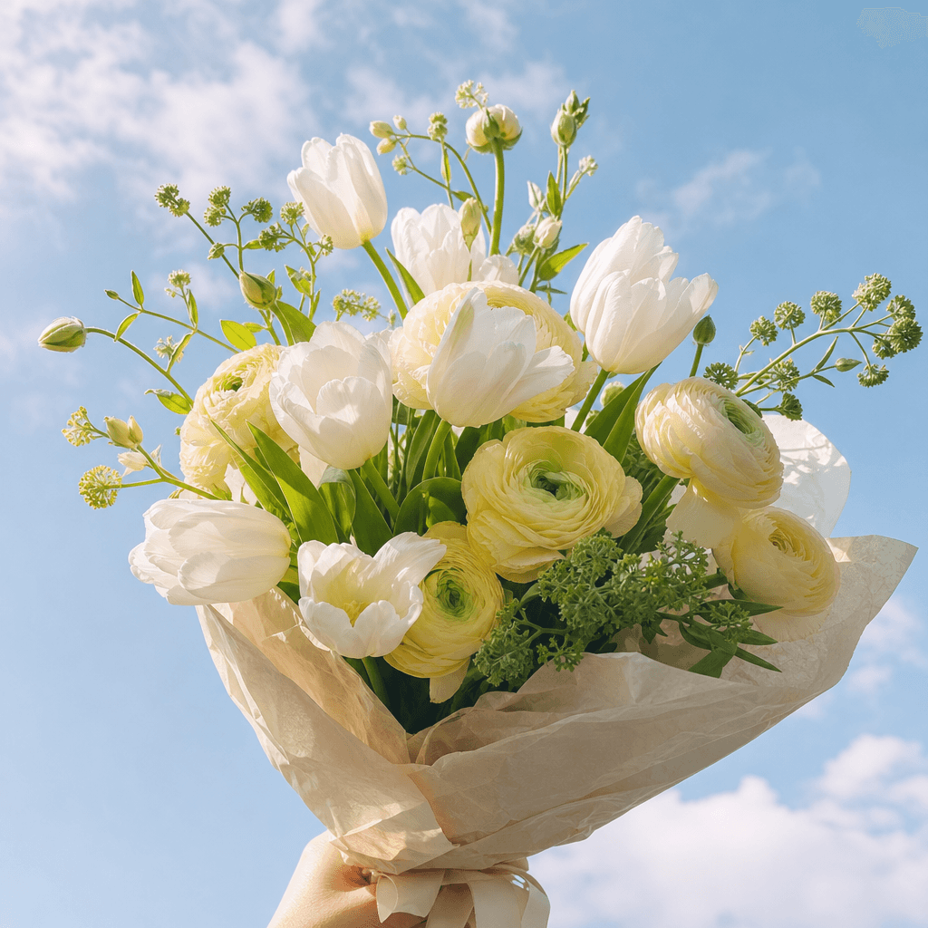 An airy spring bouquet of white tulips, pale yellow ranunculus, and soft green stems raised toward a bright blue morning
