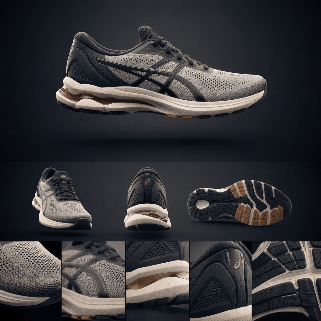 Premium running shoe animated side-to-side rotation showing sole pattern and upper mesh material, soft studio glow highl
