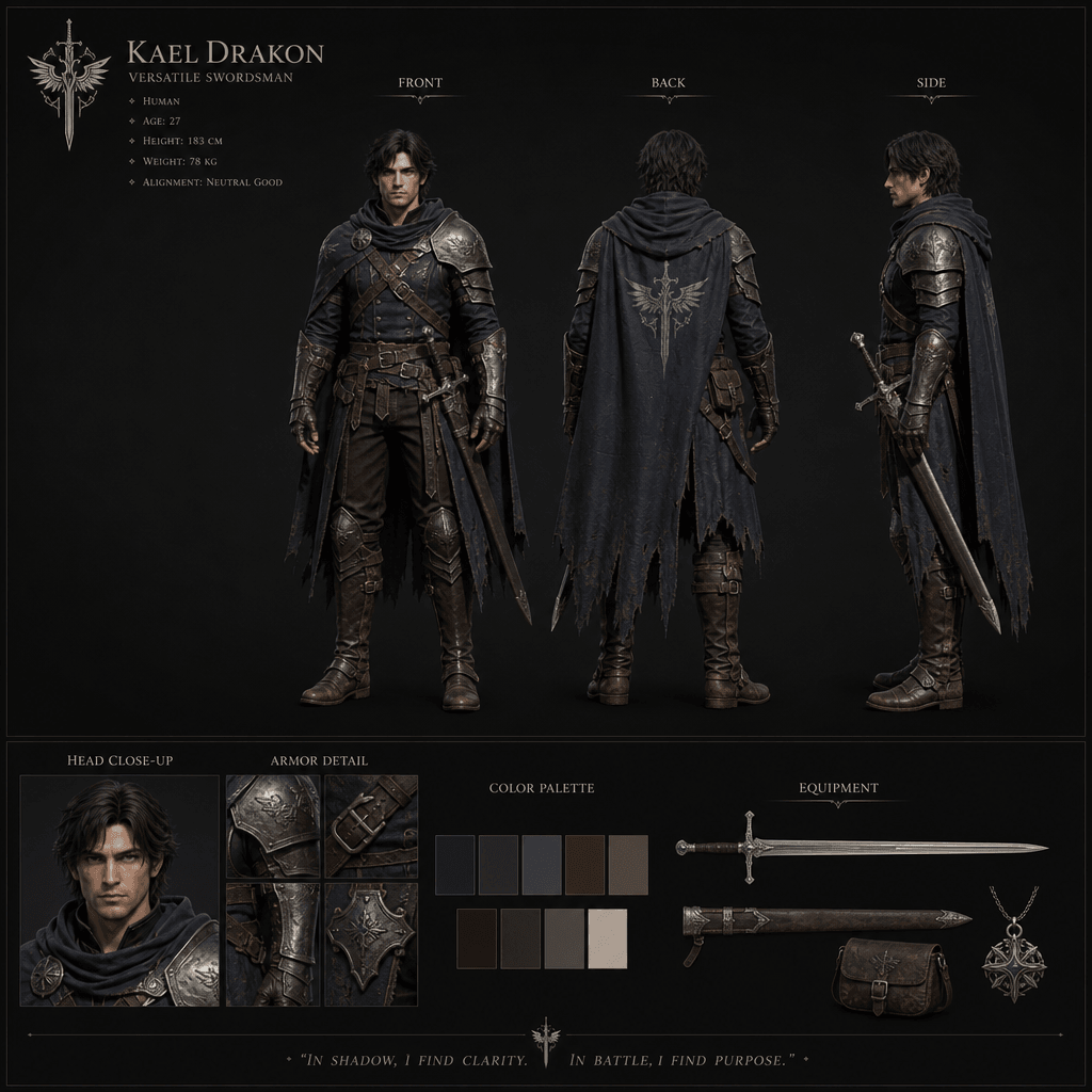 Game character reference sheet showing character in front, back, and profile views. Consistent proportions and design. P