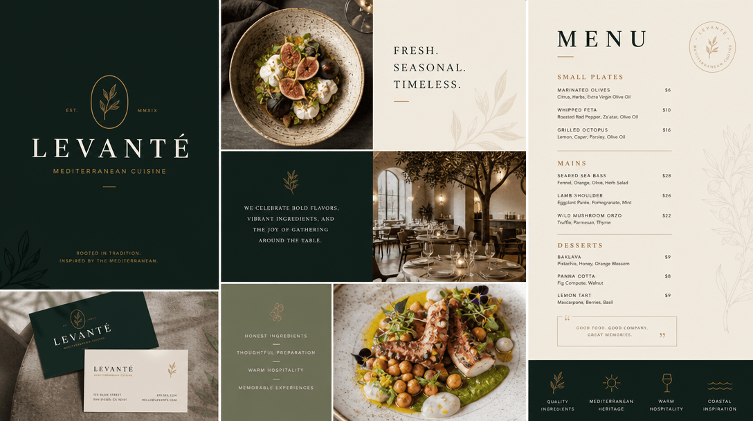 Abstract grid composition with restaurant branding elements, elegant typography, food photography arrangement, menu layo