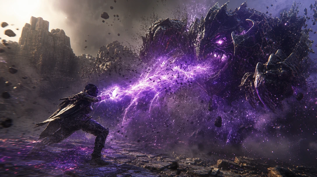 Particle effects and scale transformation mid-sequence, dust and energy trails, physics-based motion, cinematic detail.