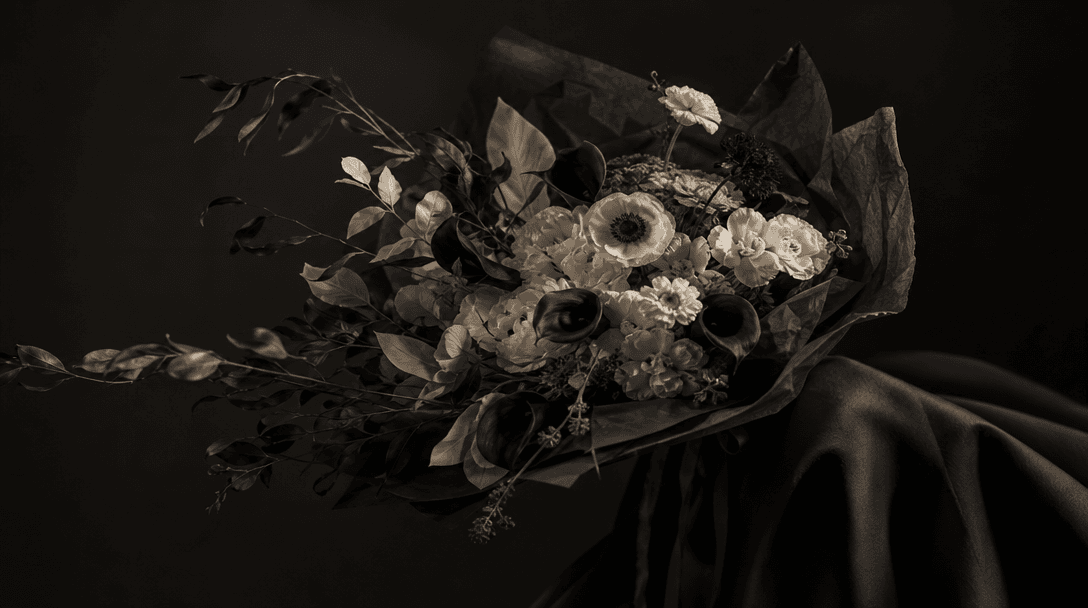 A sculptural bouquet suspended just above folded charcoal fabric, suggesting the curve and support of a shoulder without
