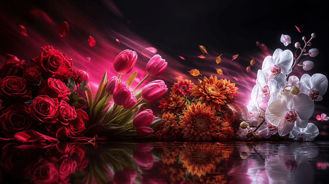 Four seasonal floral moods flowing across one continuous dark editorial scene: red romantic roses, bright spring tulips,